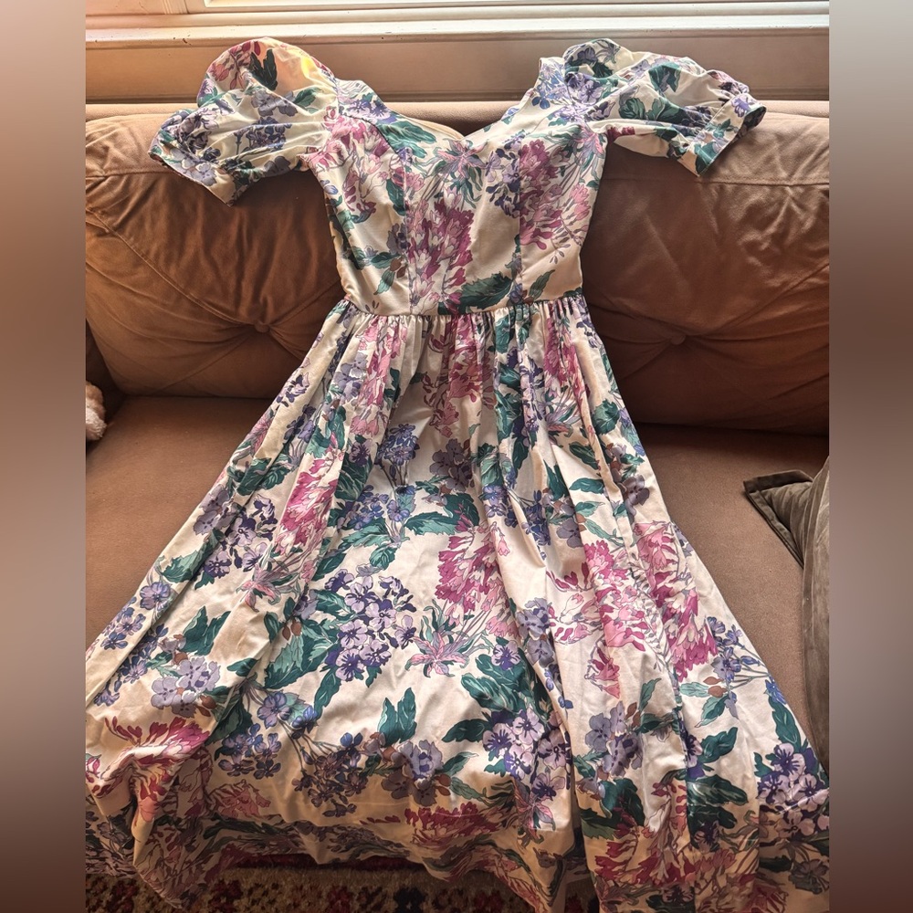 Vintage Laura Ashley Cream Floral Midi Dress with Pink, Purple & Green Blooms